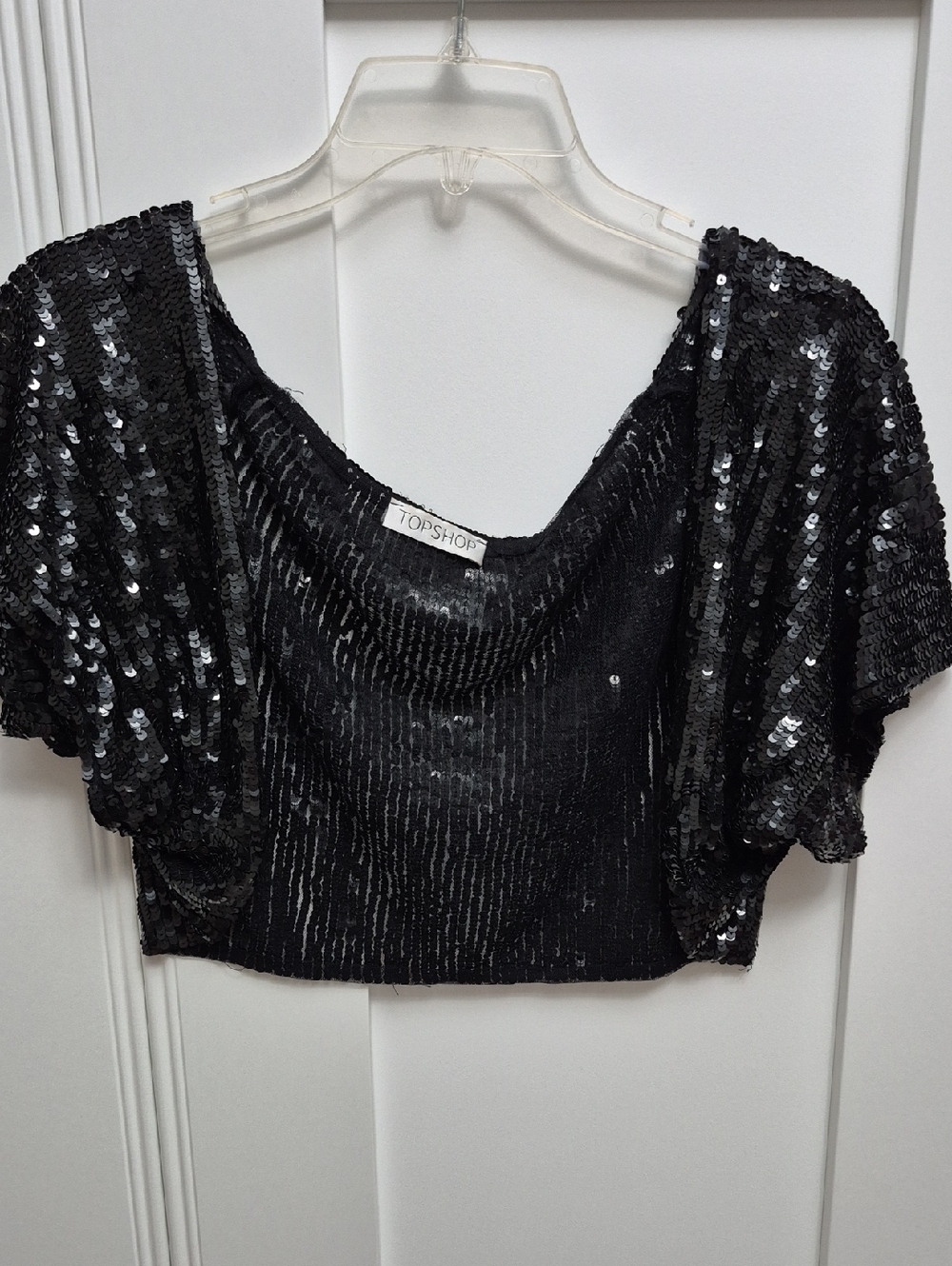 Topshop Black Sequin Flutter Sleeve Crop Top